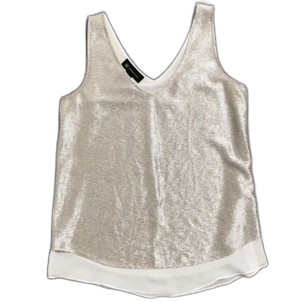 INC Layered Sleeveless Top Oversized XS Metallic Champagne Bust 18" Sheer White